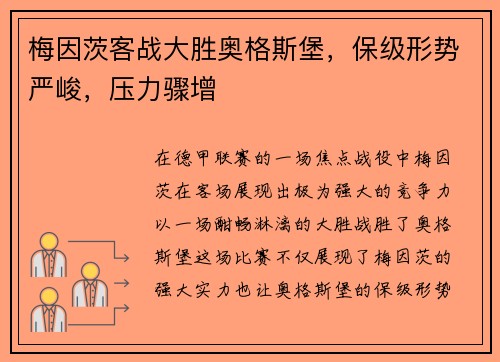 梅因茨客战大胜奥格斯堡，保级形势严峻，压力骤增