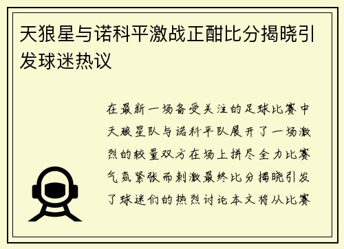 天狼星与诺科平激战正酣比分揭晓引发球迷热议