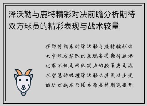 泽沃勒与鹿特精彩对决前瞻分析期待双方球员的精彩表现与战术较量