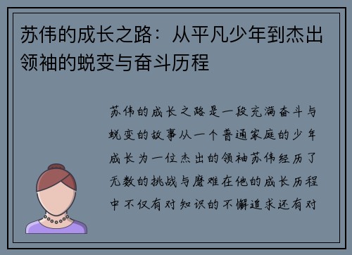 苏伟的成长之路：从平凡少年到杰出领袖的蜕变与奋斗历程