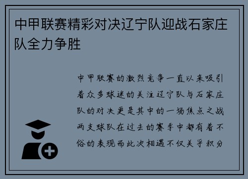 中甲联赛精彩对决辽宁队迎战石家庄队全力争胜
