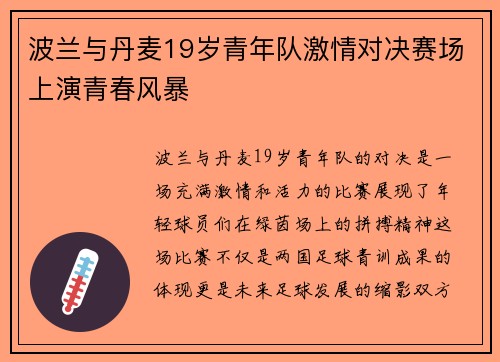 波兰与丹麦19岁青年队激情对决赛场上演青春风暴
