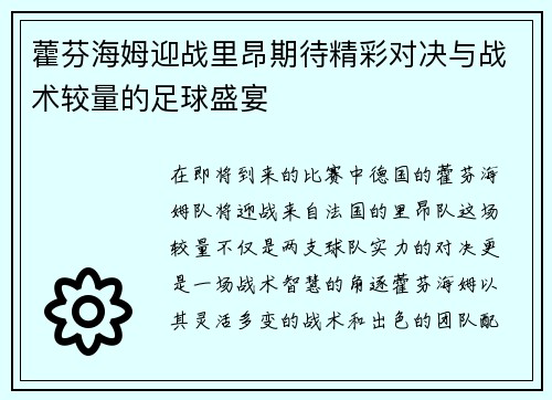 藿芬海姆迎战里昂期待精彩对决与战术较量的足球盛宴