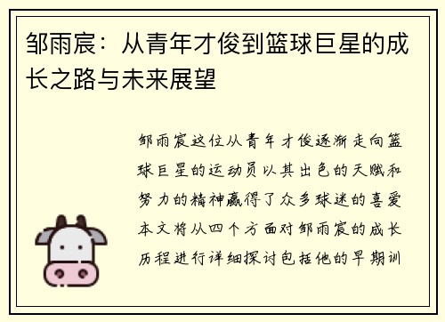 邹雨宸：从青年才俊到篮球巨星的成长之路与未来展望
