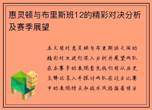 惠灵顿与布里斯班12的精彩对决分析及赛季展望