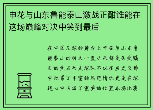 申花与山东鲁能泰山激战正酣谁能在这场巅峰对决中笑到最后